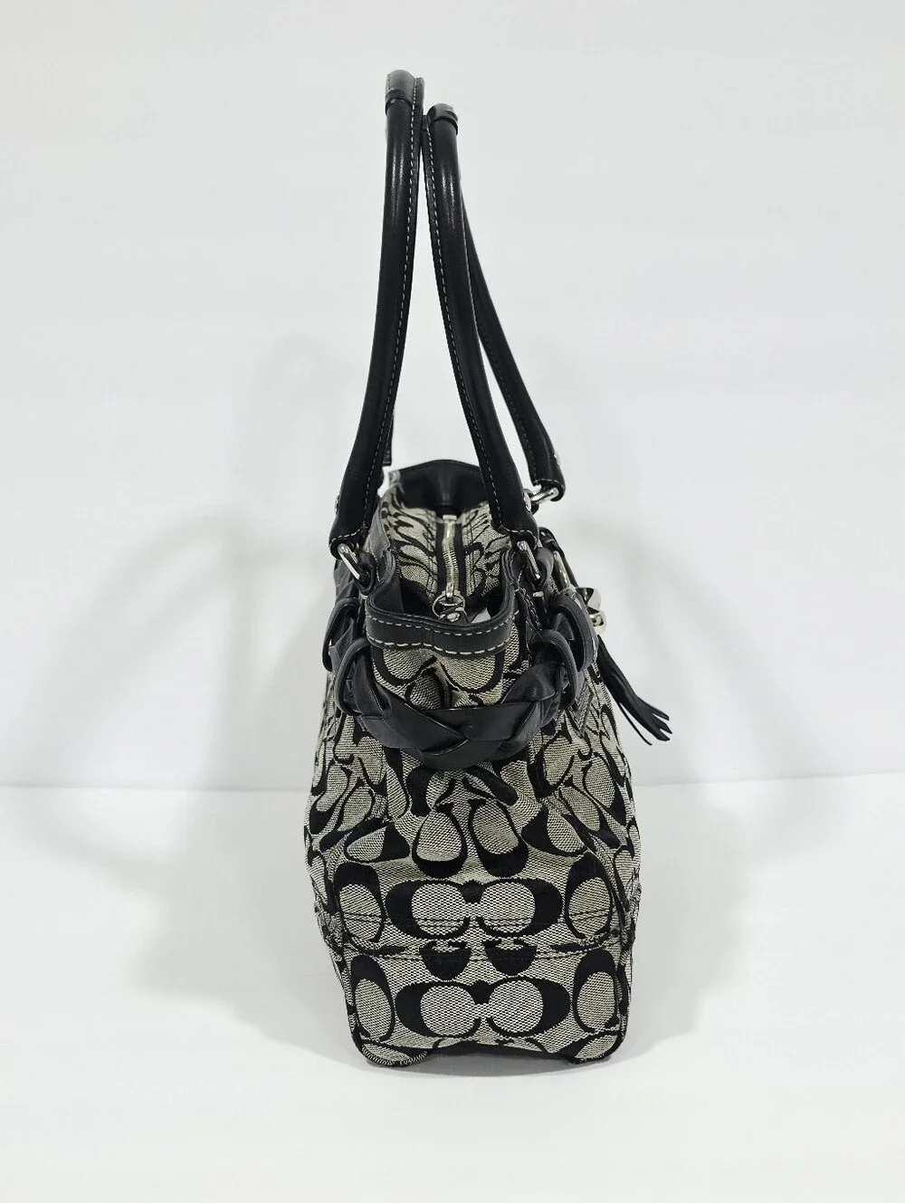 Coach Signature Jacquard Tote Bag Black Ivory Leather Trim F15665